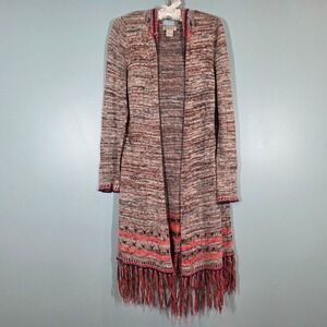 LUCKY BRAND Open Front Long Hoodie Cardigan Sweater Women M Neutral Boho Fringe